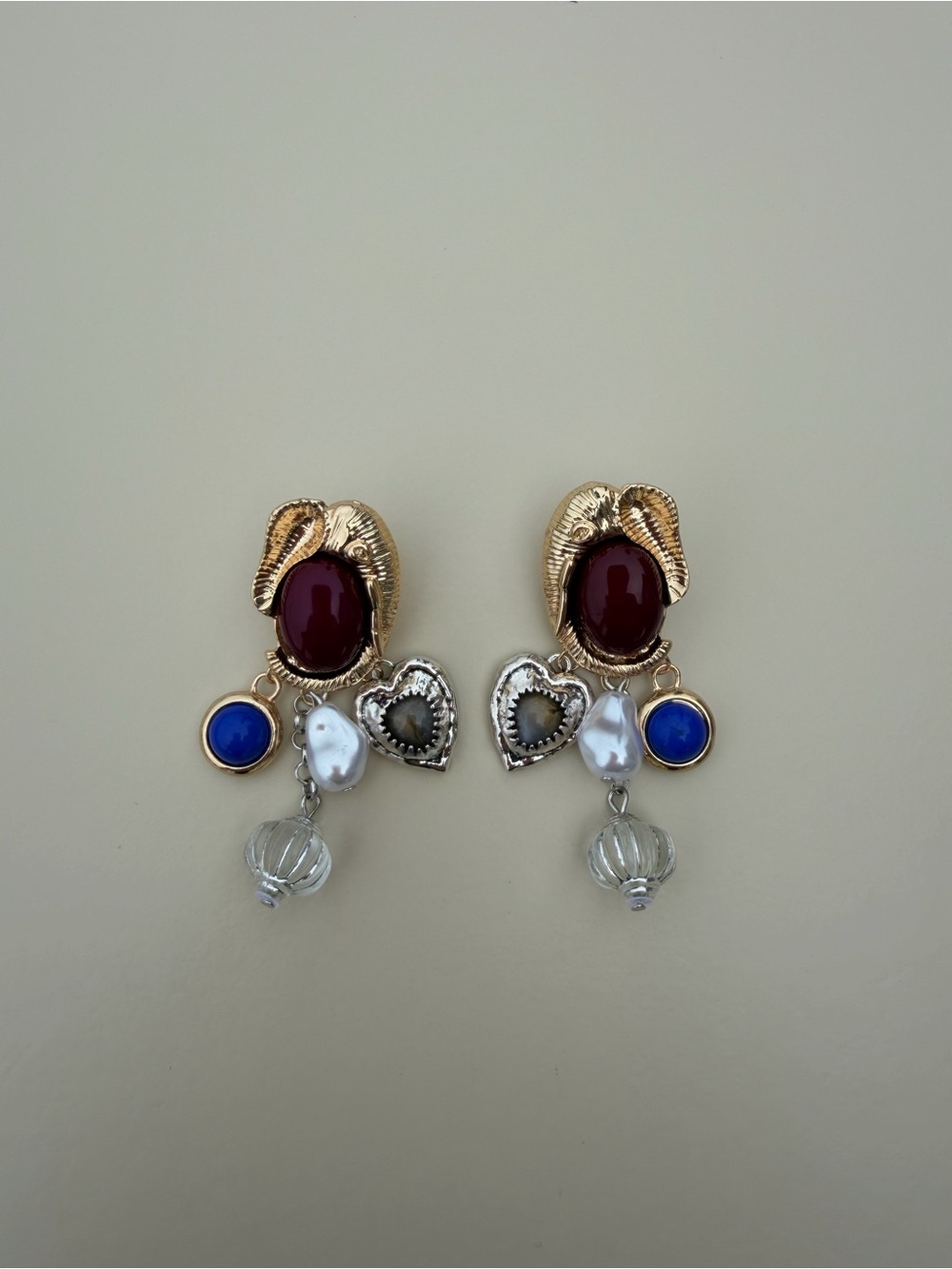 Zara Gold-Tone Earrings with Red Cabochons, Blue Accents and Pearl Drops
